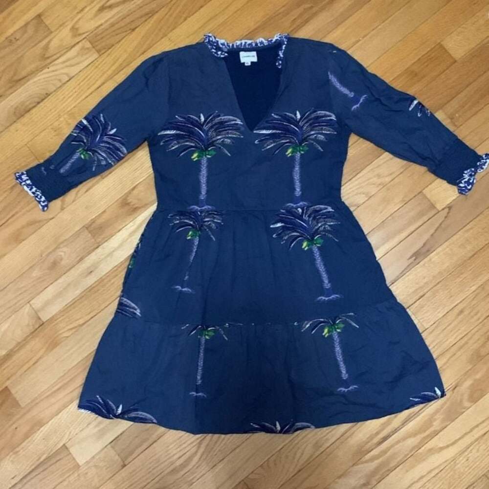 Charlee Navy Blue Cotton Palm Tree Tiered Dress XS
